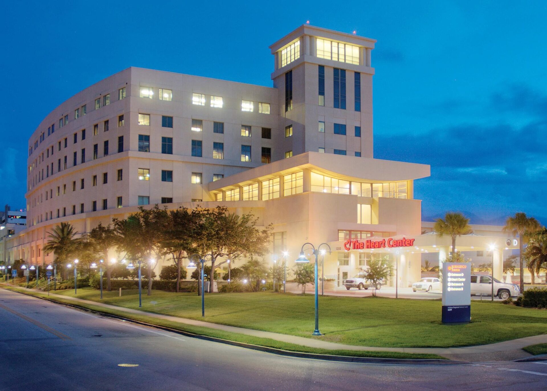 Hospital campus exterior at night